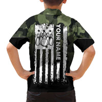 Camouflage Bowling Family Matching Off Shoulder Short Dress and Hawaiian Shirt with Grunge American Flag and Pin Emblem in Military Green - Wonder Print Shop