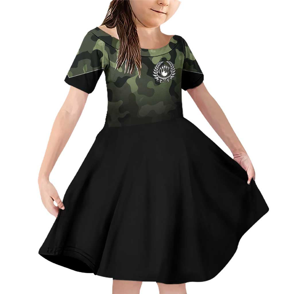 Camouflage Bowling Family Matching Off Shoulder Short Dress and Hawaiian Shirt with Grunge American Flag and Pin Emblem in Military Green - Wonder Print Shop