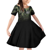Camouflage Bowling Family Matching Off Shoulder Short Dress and Hawaiian Shirt with Grunge American Flag and Pin Emblem in Military Green - Wonder Print Shop