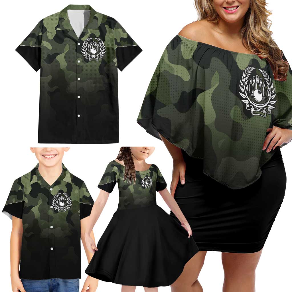 Camouflage Bowling Family Matching Off Shoulder Short Dress and Hawaiian Shirt with Grunge American Flag and Pin Emblem in Military Green - Wonder Print Shop