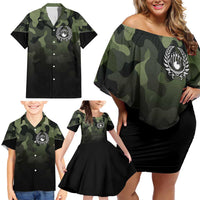 Camouflage Bowling Family Matching Off Shoulder Short Dress and Hawaiian Shirt with Grunge American Flag and Pin Emblem in Military Green - Wonder Print Shop