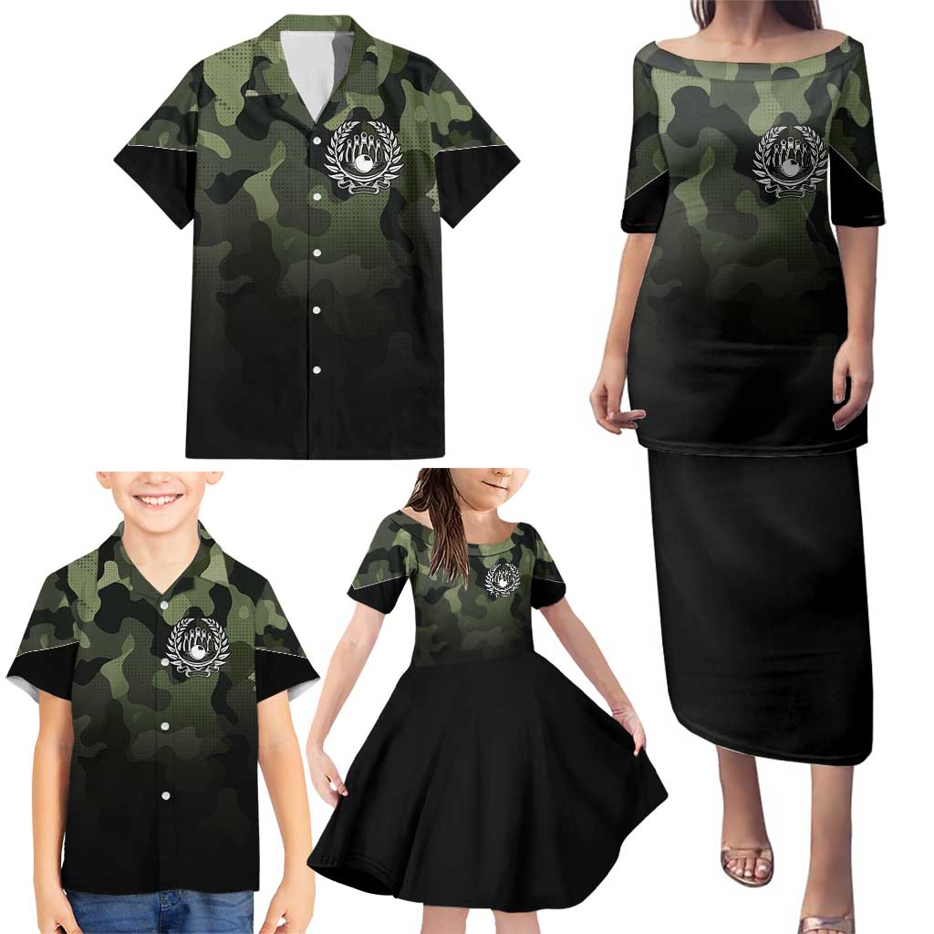 Camouflage Bowling Family Matching Puletasi and Hawaiian Shirt with Grunge American Flag and Pin Emblem in Military Green - Wonder Print Shop