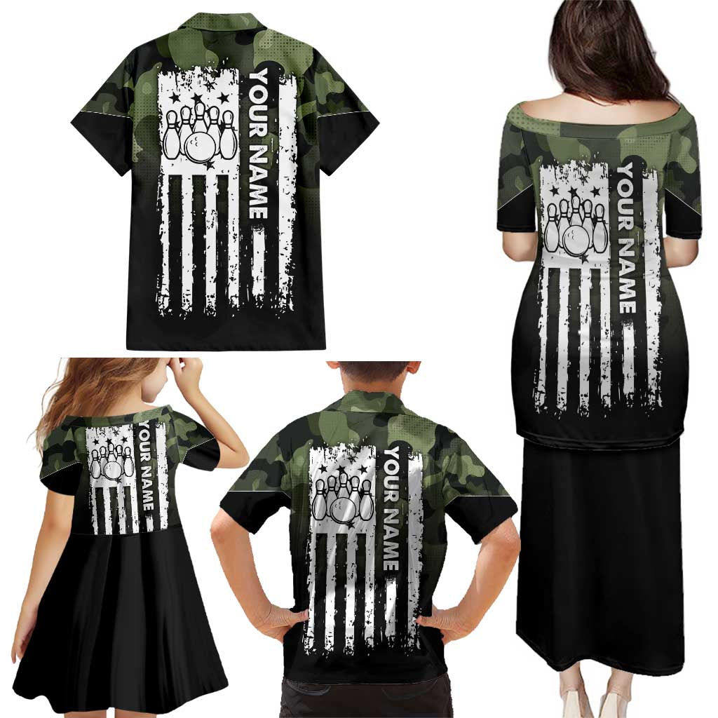 Camouflage Bowling Family Matching Puletasi and Hawaiian Shirt with Grunge American Flag and Pin Emblem in Military Green - Wonder Print Shop