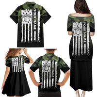 Camouflage Bowling Family Matching Puletasi and Hawaiian Shirt with Grunge American Flag and Pin Emblem in Military Green - Wonder Print Shop