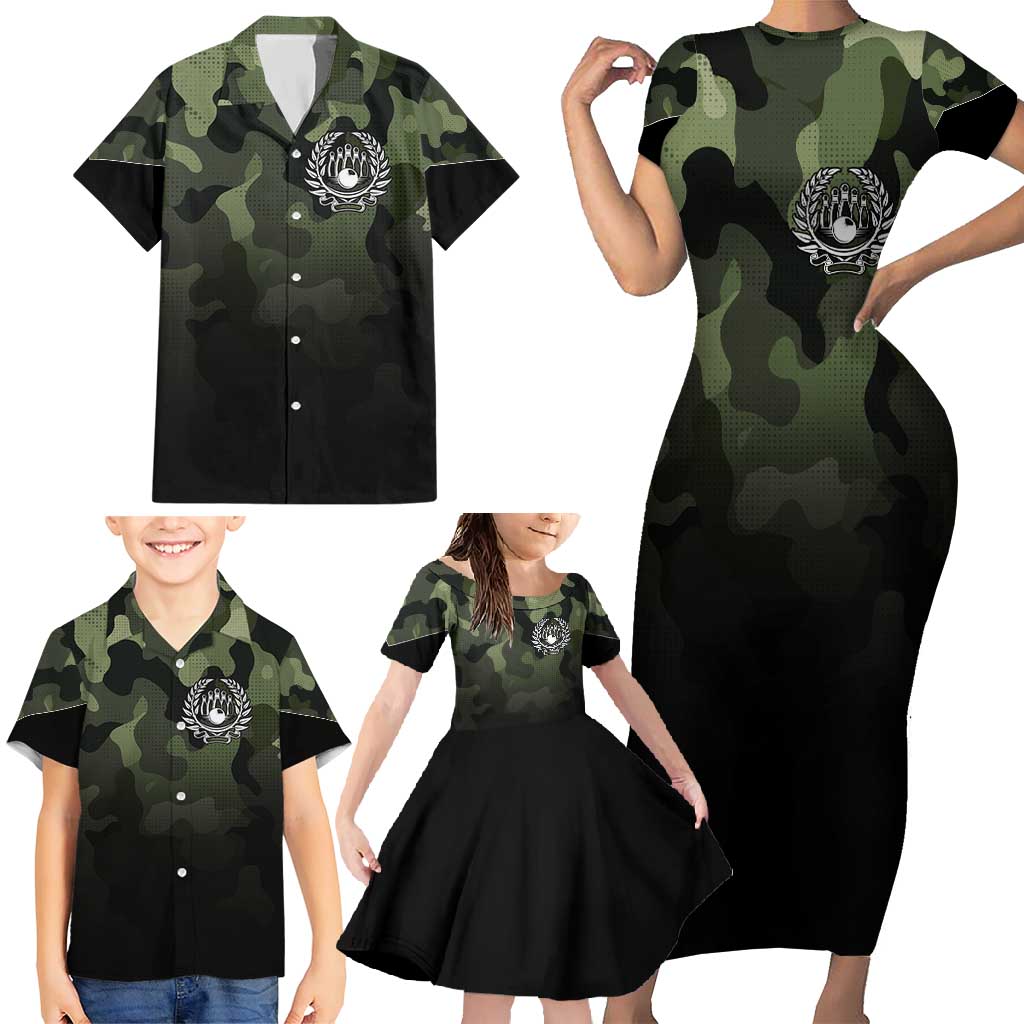 Camouflage Bowling Family Matching Short Sleeve Bodycon Dress and Hawaiian Shirt with Grunge American Flag and Pin Emblem in Military Green - Wonder Print Shop