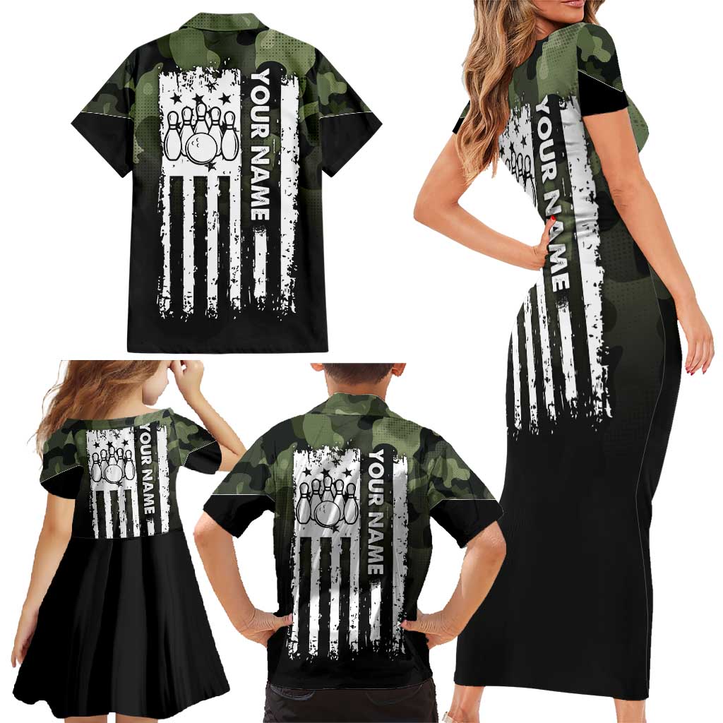 Camouflage Bowling Family Matching Short Sleeve Bodycon Dress and Hawaiian Shirt with Grunge American Flag and Pin Emblem in Military Green - Wonder Print Shop