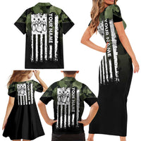 Camouflage Bowling Family Matching Short Sleeve Bodycon Dress and Hawaiian Shirt with Grunge American Flag and Pin Emblem in Military Green - Wonder Print Shop