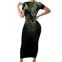 Camouflage Bowling Family Matching Short Sleeve Bodycon Dress and Hawaiian Shirt with Grunge American Flag and Pin Emblem in Military Green - Wonder Print Shop