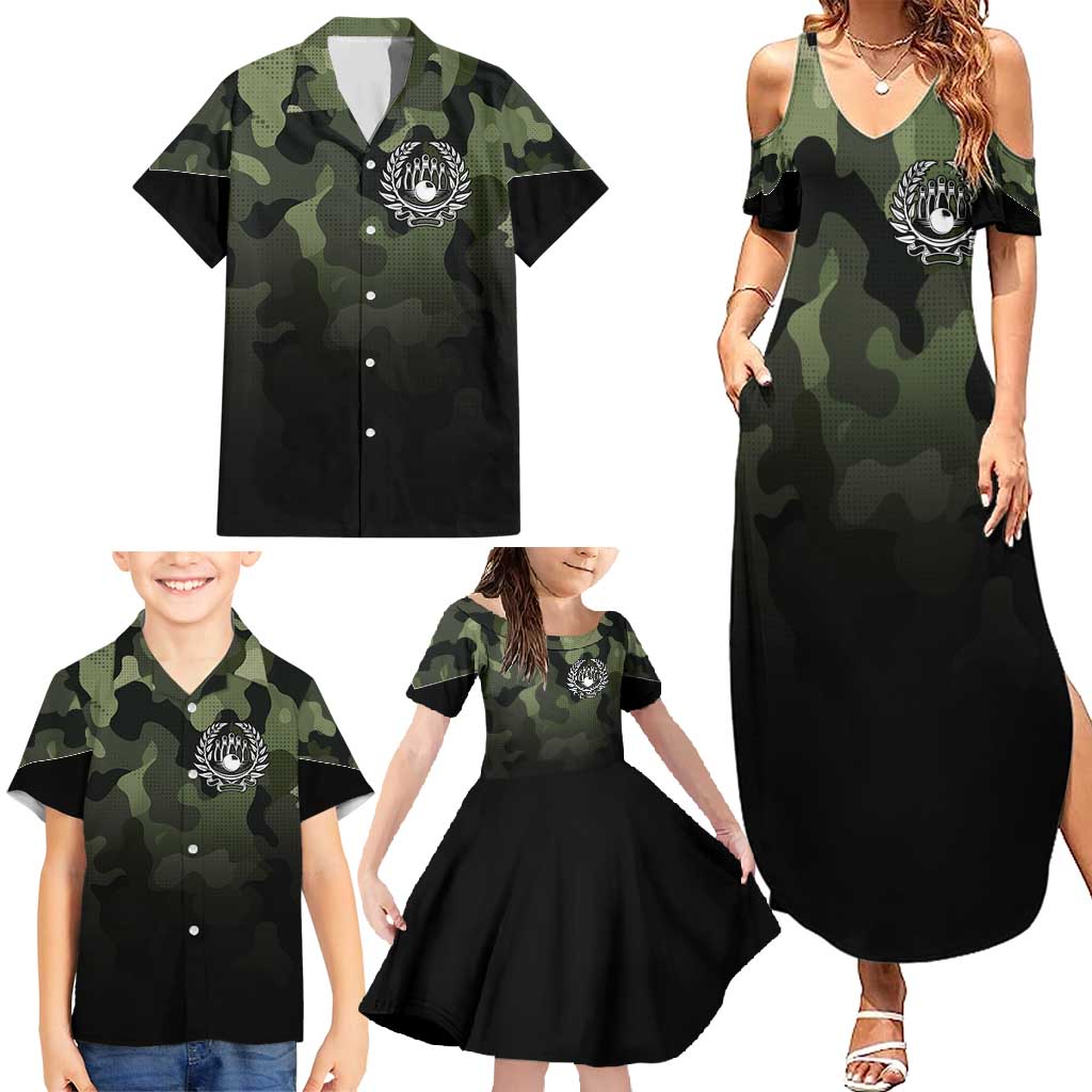 Camouflage Bowling Family Matching Summer Maxi Dress and Hawaiian Shirt with Grunge American Flag and Pin Emblem in Military Green - Wonder Print Shop