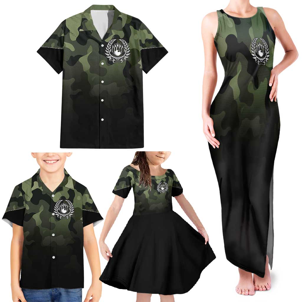 Camouflage Bowling Family Matching Tank Maxi Dress and Hawaiian Shirt with Grunge American Flag and Pin Emblem in Military Green - Wonder Print Shop