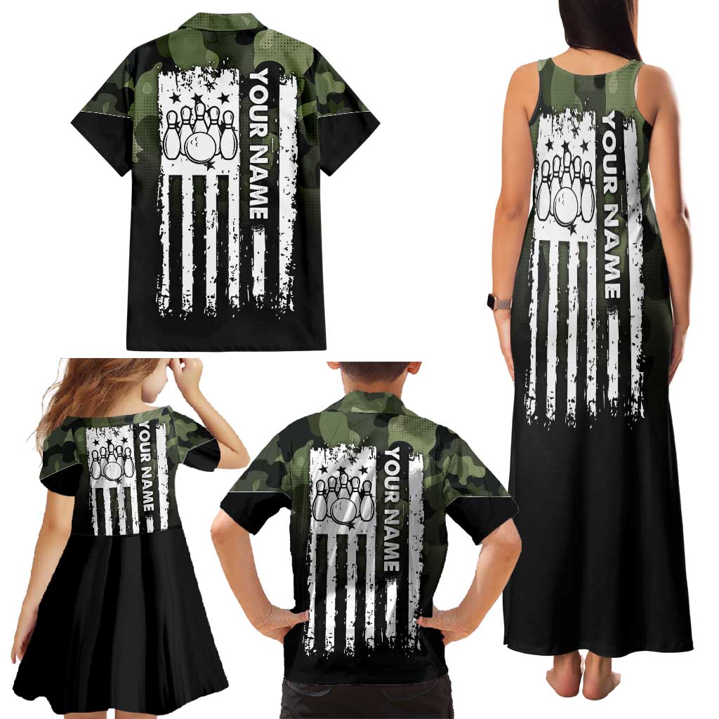 Camouflage Bowling Family Matching Tank Maxi Dress and Hawaiian Shirt with Grunge American Flag and Pin Emblem in Military Green - Wonder Print Shop