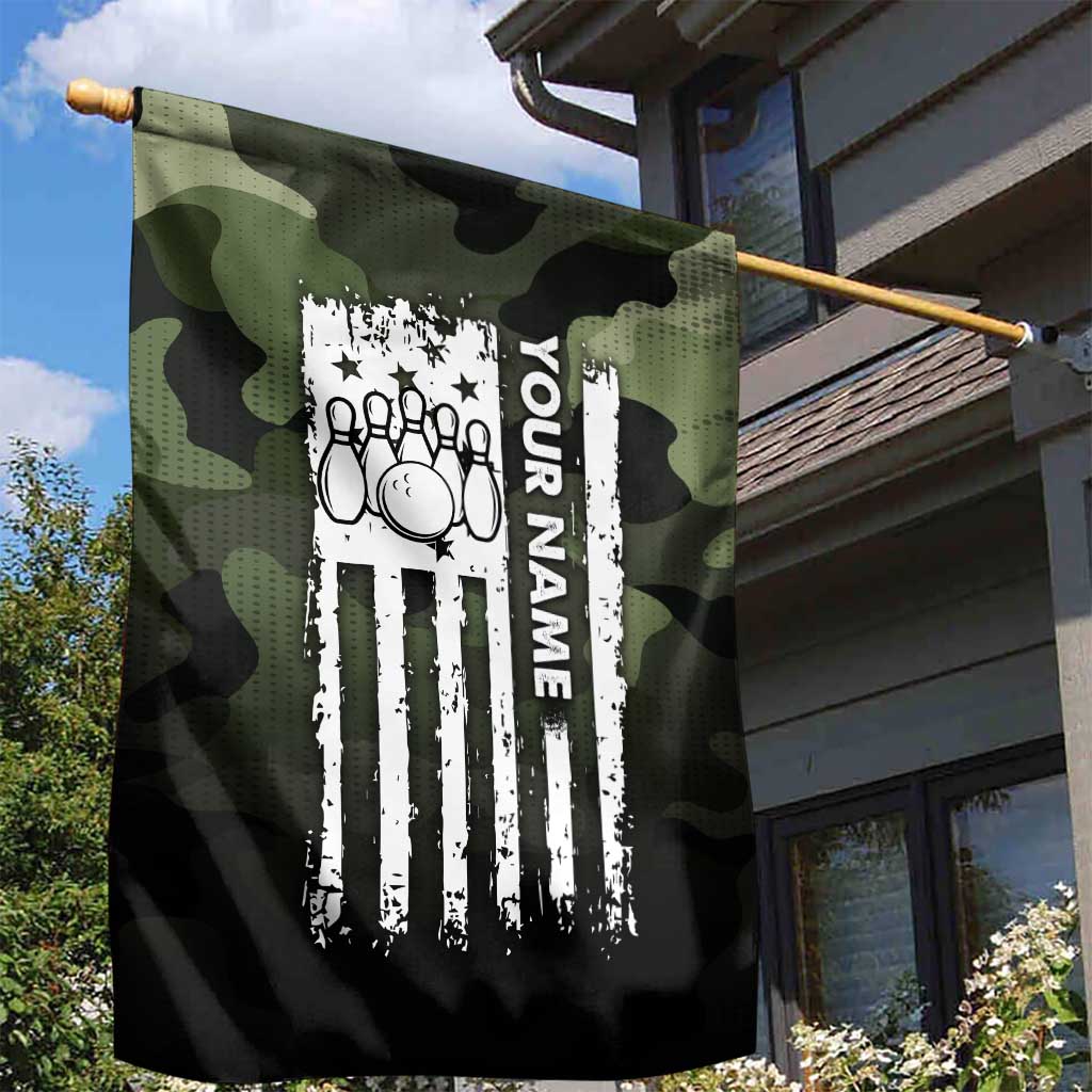Camouflage Bowling Garden Flag with Grunge American Flag and Pin Emblem in Military Green - Wonder Print Shop