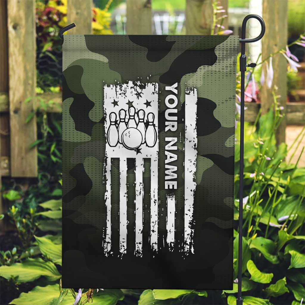 Camouflage Bowling Garden Flag with Grunge American Flag and Pin Emblem in Military Green - Wonder Print Shop