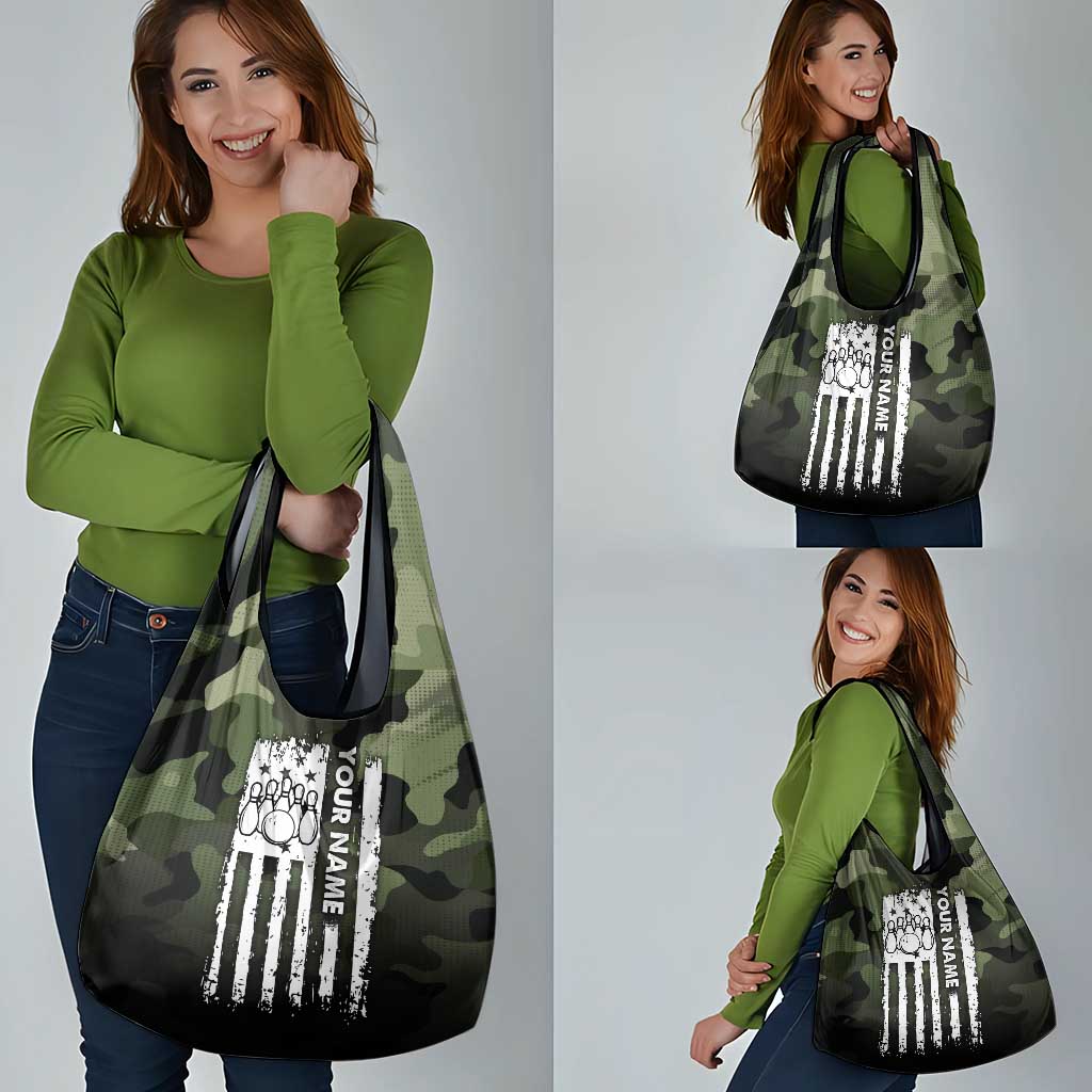 Camouflage Bowling Grocery Bag with Grunge American Flag and Pin Emblem in Military Green - Wonder Print Shop