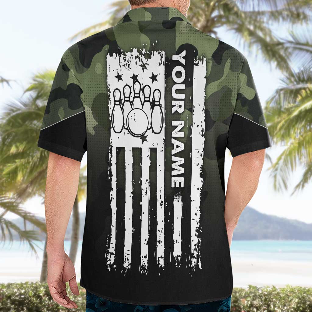 Camouflage Bowling Hawaiian Shirt with Grunge American Flag and Pin Emblem in Military Green - Wonder Print Shop