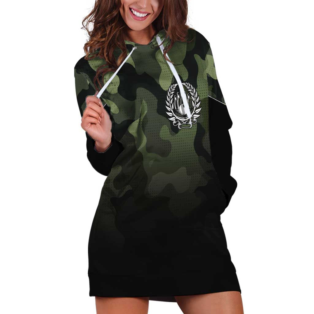 Camouflage Bowling Hoodie Dress with Grunge American Flag and Pin Emblem in Military Green - Wonder Print Shop