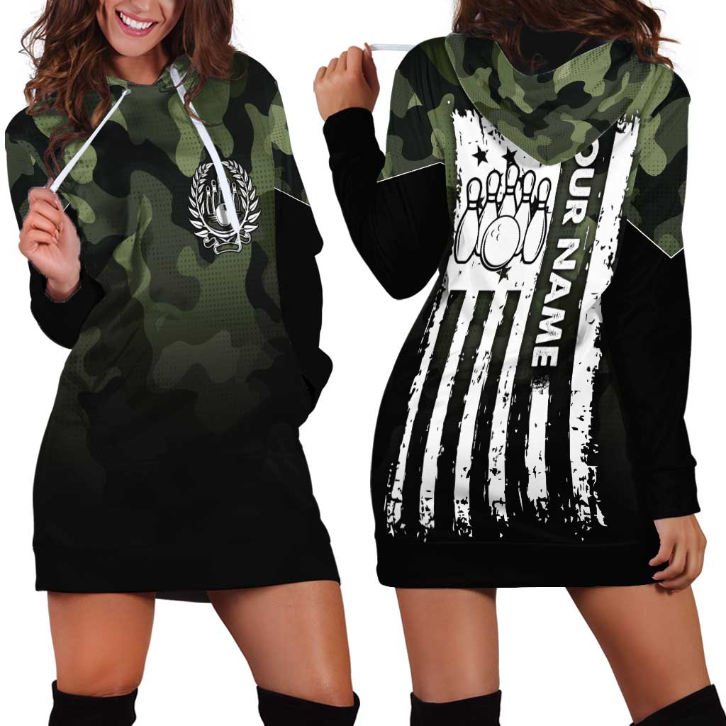 Camouflage Bowling Hoodie Dress with Grunge American Flag and Pin Emblem in Military Green - Wonder Print Shop