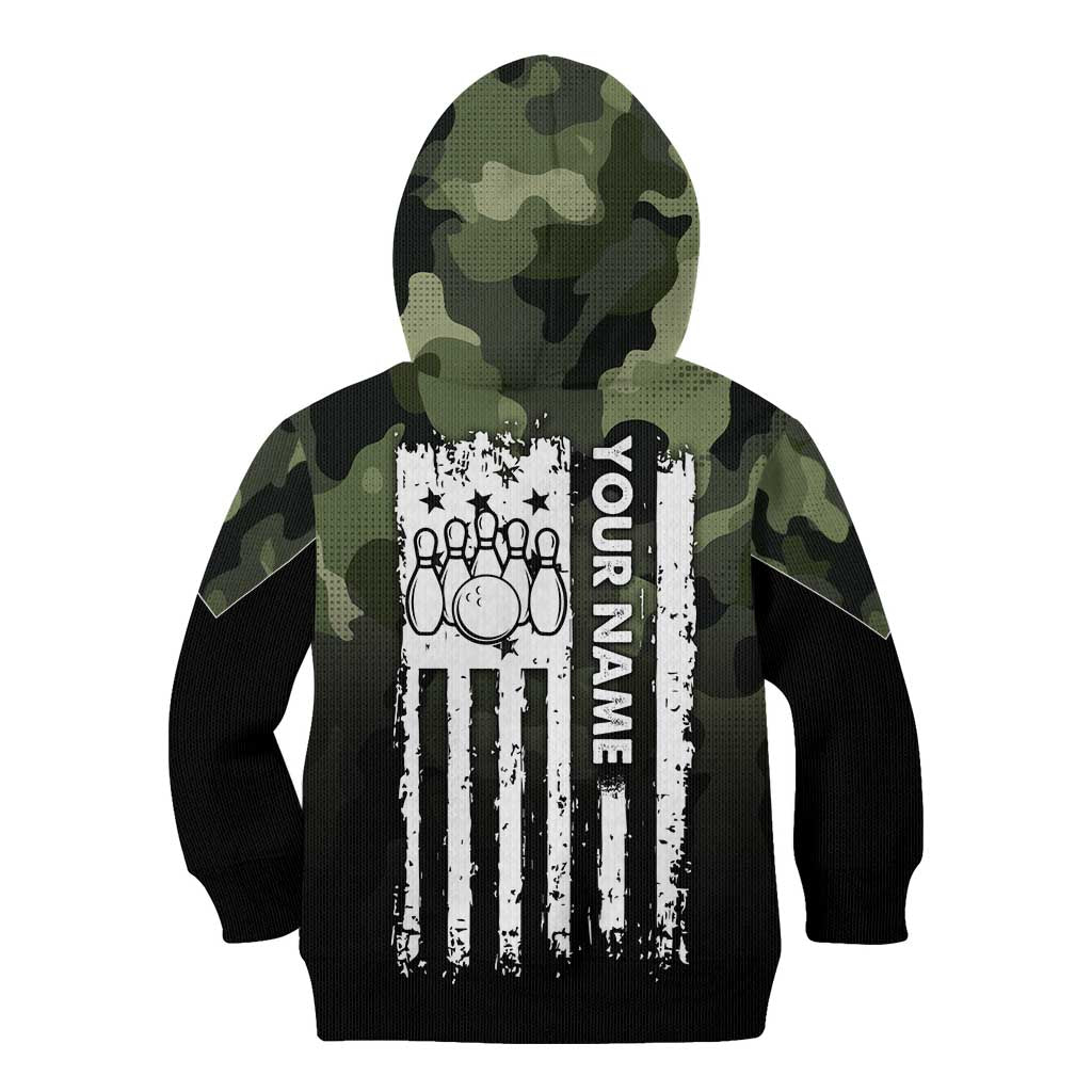 Camouflage Bowling Kid Hoodie with Grunge American Flag and Pin Emblem in Military Green - Wonder Print Shop
