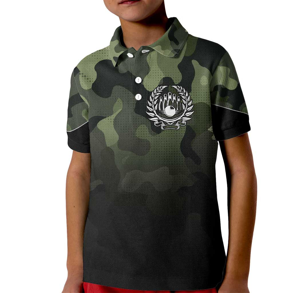 Camouflage Bowling Kid Polo Shirt with Grunge American Flag and Pin Emblem in Military Green - Wonder Print Shop