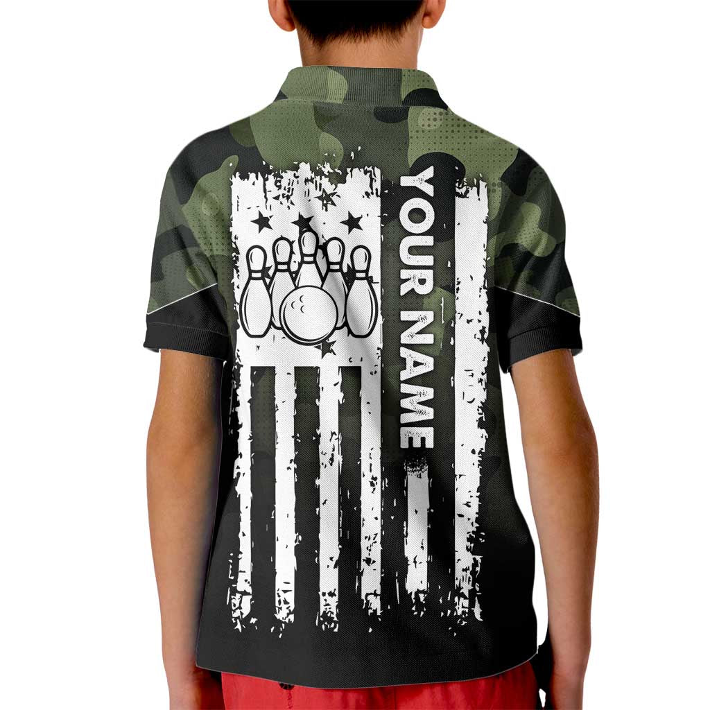 Camouflage Bowling Kid Polo Shirt with Grunge American Flag and Pin Emblem in Military Green - Wonder Print Shop