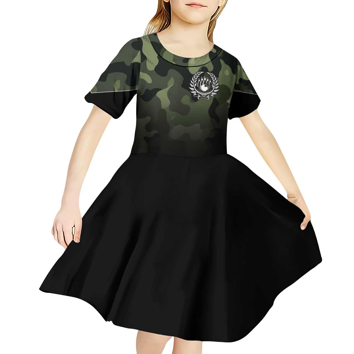 Camouflage Bowling Kid Short Sleeve Dress with Grunge American Flag and Pin Emblem in Military Green - Wonder Print Shop