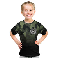 Camouflage Bowling Kid T Shirt with Grunge American Flag and Pin Emblem in Military Green - Wonder Print Shop