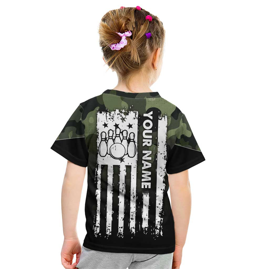 Camouflage Bowling Kid T Shirt with Grunge American Flag and Pin Emblem in Military Green - Wonder Print Shop