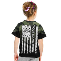 Camouflage Bowling Kid T Shirt with Grunge American Flag and Pin Emblem in Military Green - Wonder Print Shop