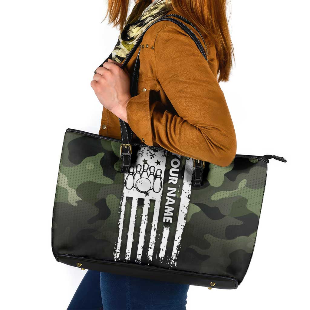 Camouflage Bowling Leather Tote Bag with Grunge American Flag and Pin Emblem in Military Green - Wonder Print Shop