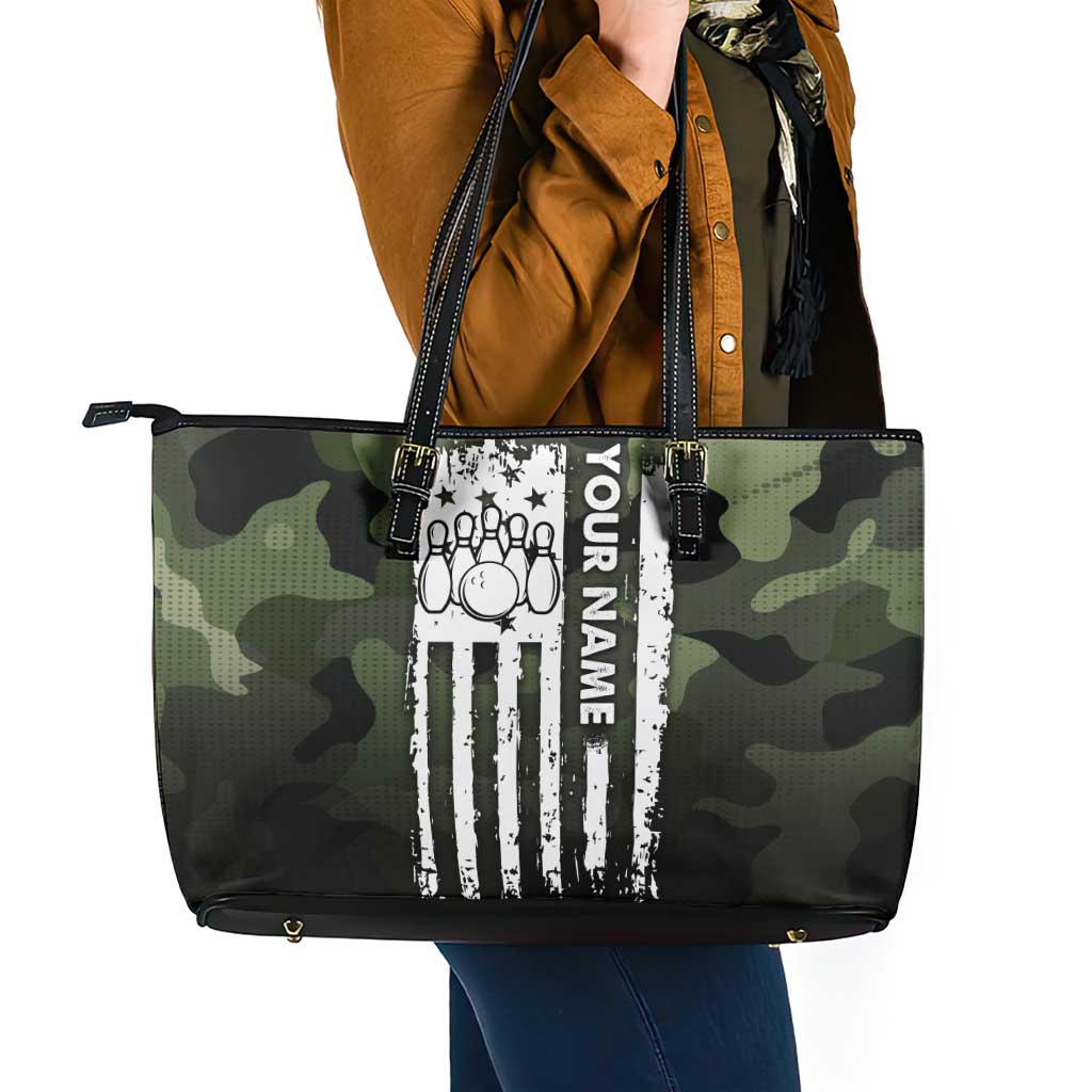 Camouflage Bowling Leather Tote Bag with Grunge American Flag and Pin Emblem in Military Green - Wonder Print Shop
