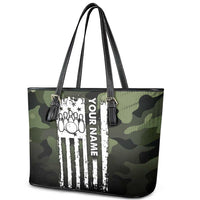 Camouflage Bowling Leather Tote Bag with Grunge American Flag and Pin Emblem in Military Green - Wonder Print Shop