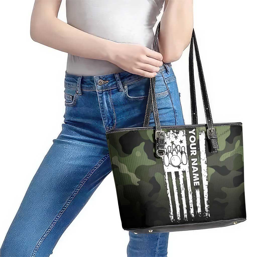 Camouflage Bowling Leather Tote Bag with Grunge American Flag and Pin Emblem in Military Green - Wonder Print Shop