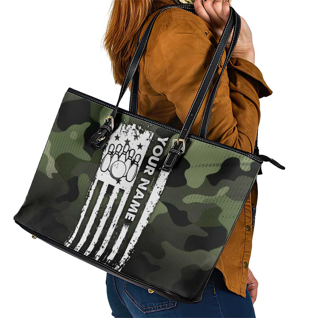 Camouflage Bowling Leather Tote Bag with Grunge American Flag and Pin Emblem in Military Green - Wonder Print Shop