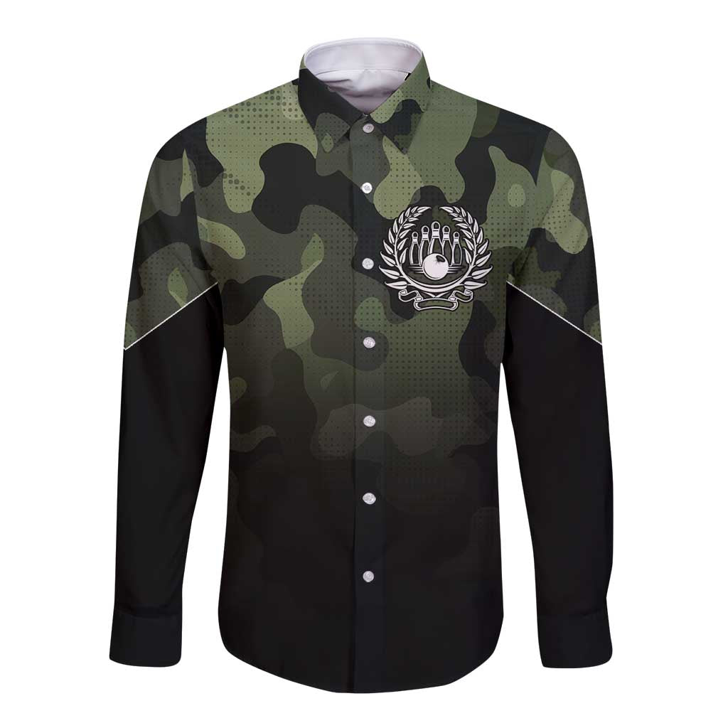Camouflage Bowling Long Sleeve Button Shirt with Grunge American Flag and Pin Emblem in Military Green - Wonder Print Shop