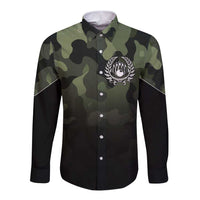 Camouflage Bowling Long Sleeve Button Shirt with Grunge American Flag and Pin Emblem in Military Green - Wonder Print Shop
