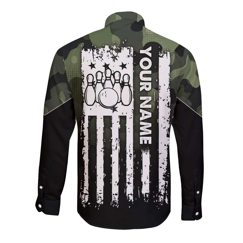 Camouflage Bowling Long Sleeve Button Shirt with Grunge American Flag and Pin Emblem in Military Green - Wonder Print Shop