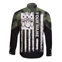 Camouflage Bowling Long Sleeve Button Shirt with Grunge American Flag and Pin Emblem in Military Green - Wonder Print Shop