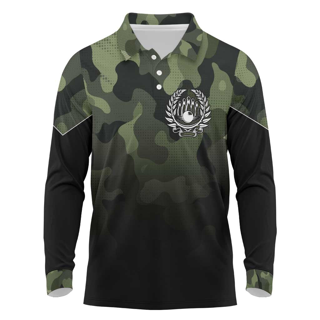 Camouflage Bowling Long Sleeve Polo Shirt with Grunge American Flag and Pin Emblem in Military Green - Wonder Print Shop