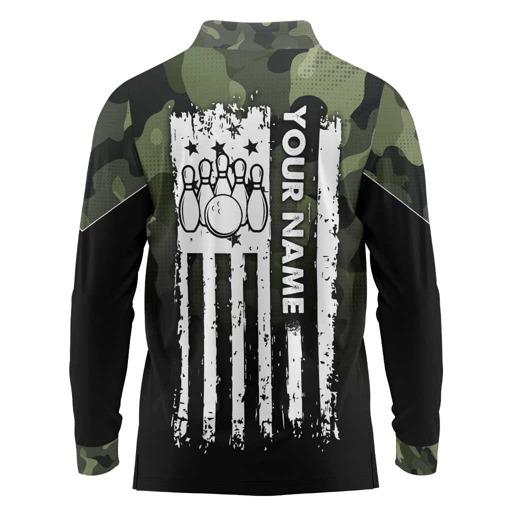 Camouflage Bowling Long Sleeve Polo Shirt with Grunge American Flag and Pin Emblem in Military Green - Wonder Print Shop
