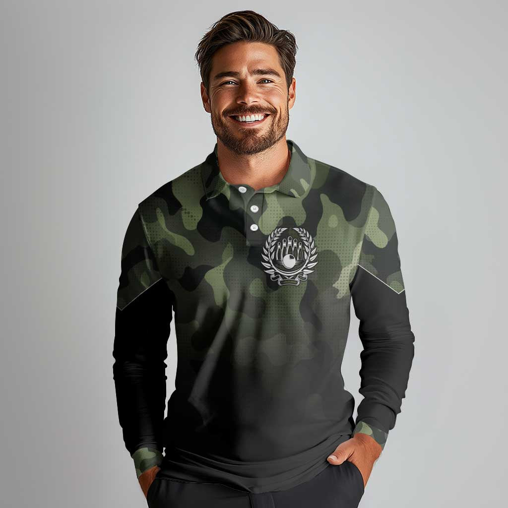 Camouflage Bowling Long Sleeve Polo Shirt with Grunge American Flag and Pin Emblem in Military Green - Wonder Print Shop