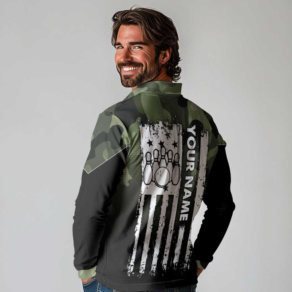 Camouflage Bowling Long Sleeve Polo Shirt with Grunge American Flag and Pin Emblem in Military Green - Wonder Print Shop