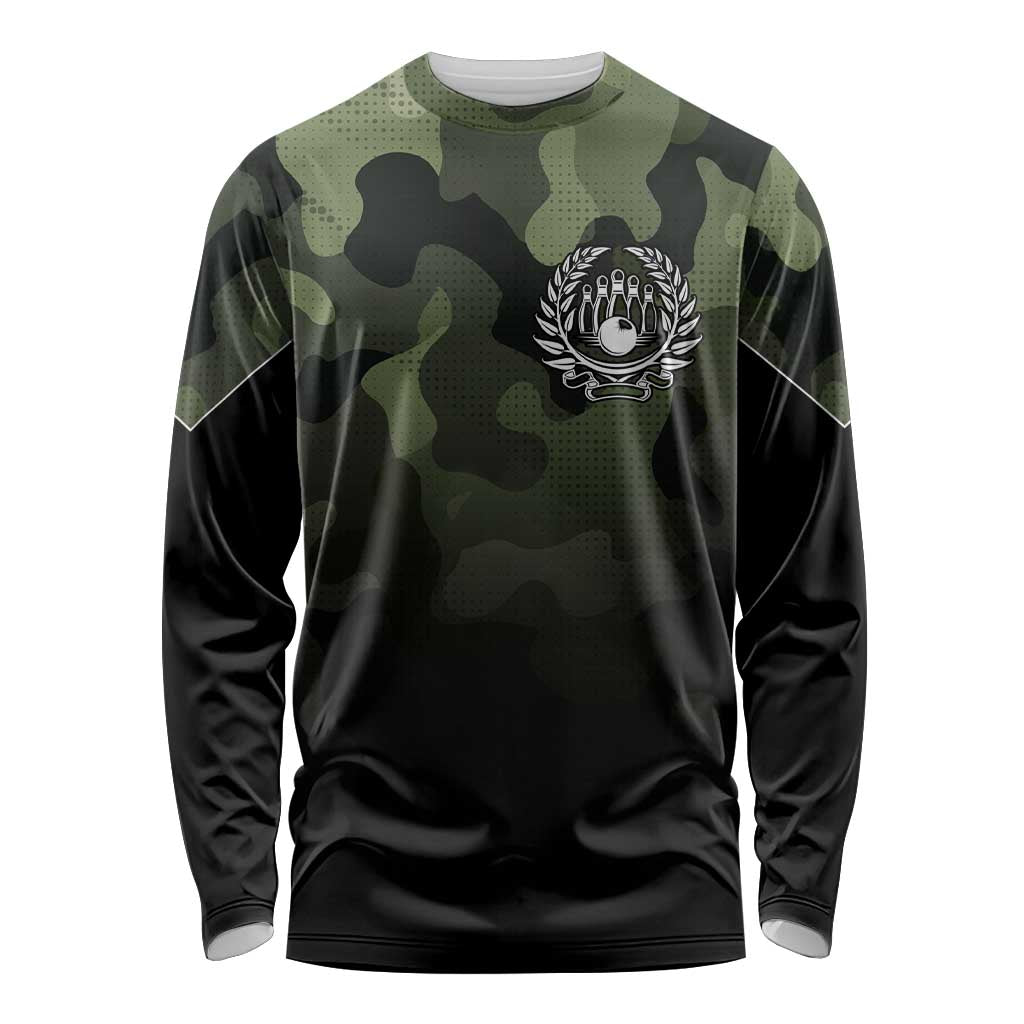 Camouflage Bowling Long Sleeve Shirt with Grunge American Flag and Pin Emblem in Military Green - Wonder Print Shop