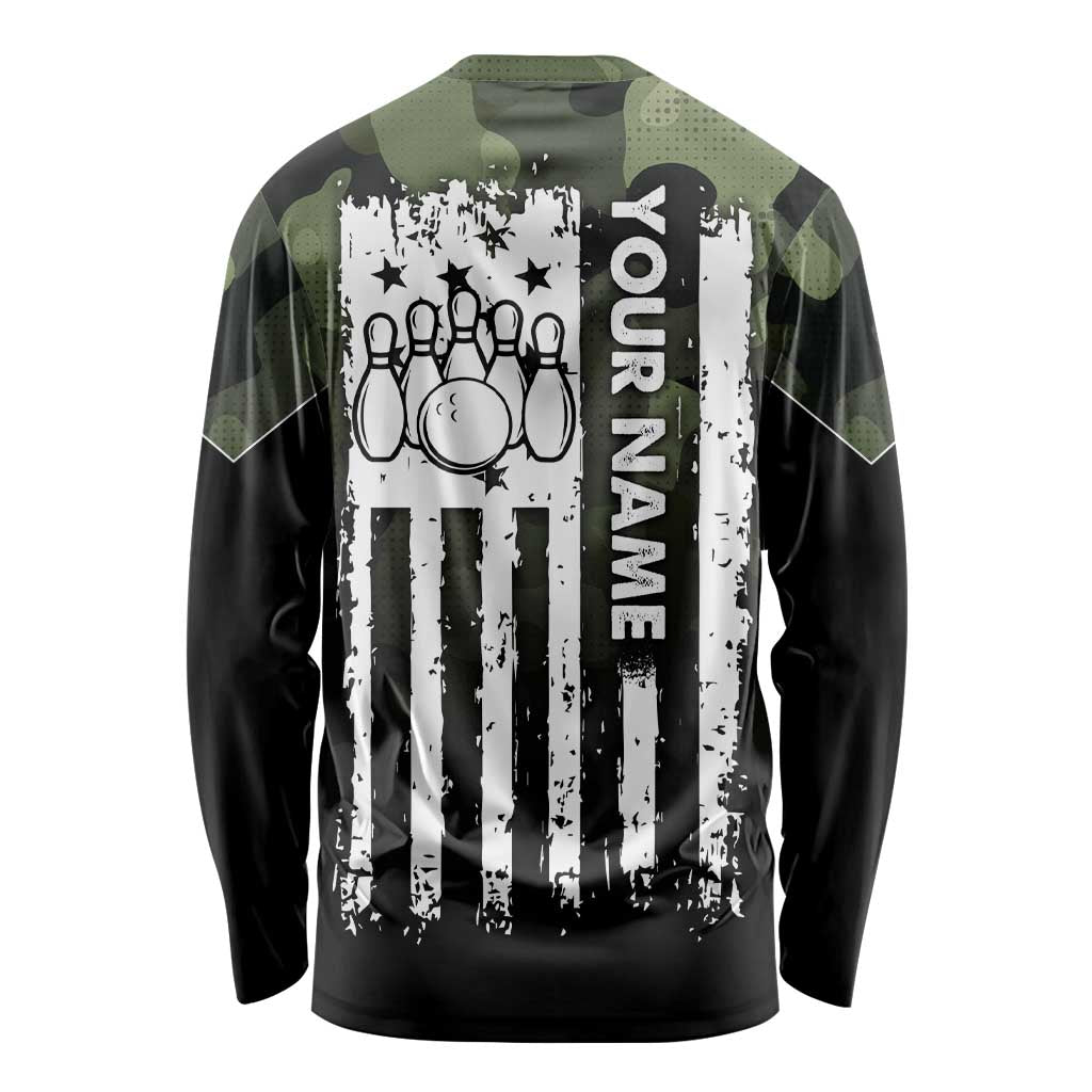 Camouflage Bowling Long Sleeve Shirt with Grunge American Flag and Pin Emblem in Military Green - Wonder Print Shop