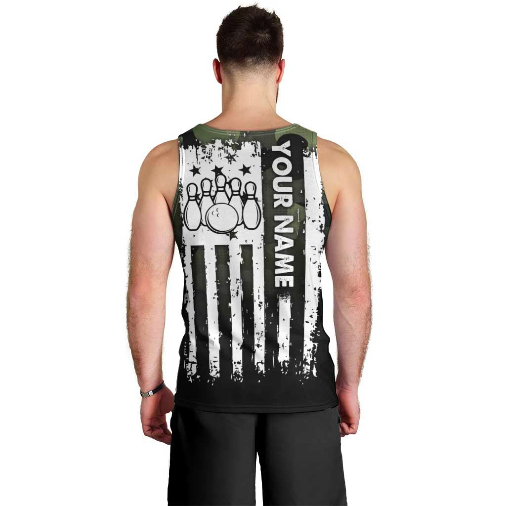 Camouflage Bowling Men Tank Top with Grunge American Flag and Pin Emblem in Military Green - Wonder Print Shop