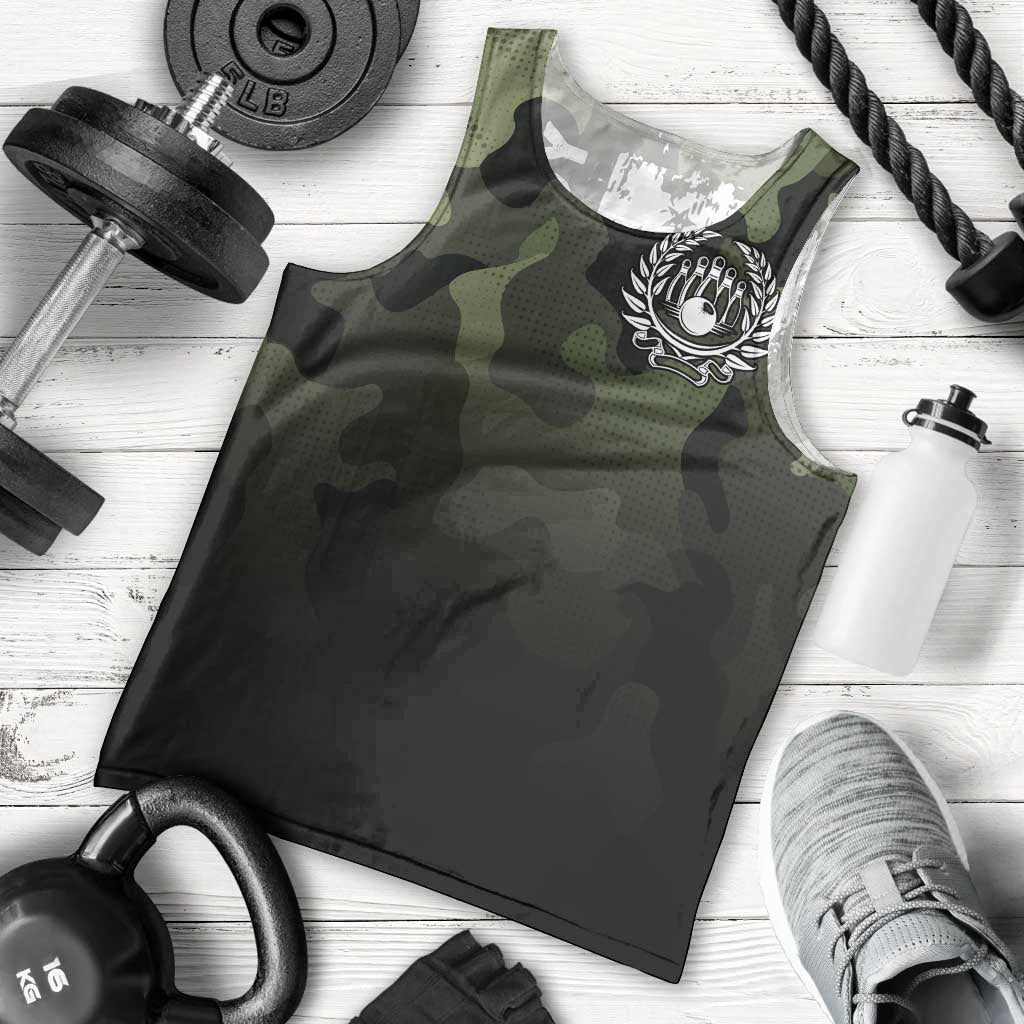 Camouflage Bowling Men Tank Top with Grunge American Flag and Pin Emblem in Military Green - Wonder Print Shop