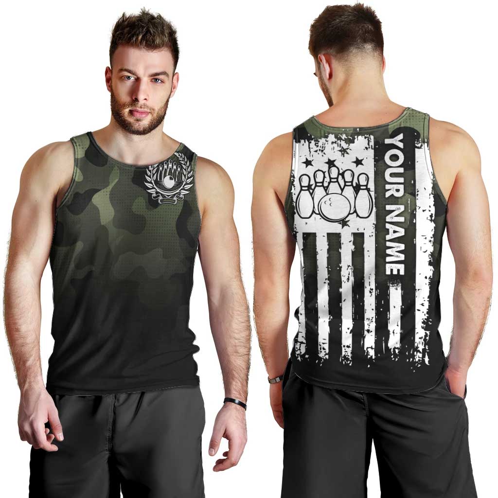 Camouflage Bowling Men Tank Top with Grunge American Flag and Pin Emblem in Military Green - Wonder Print Shop