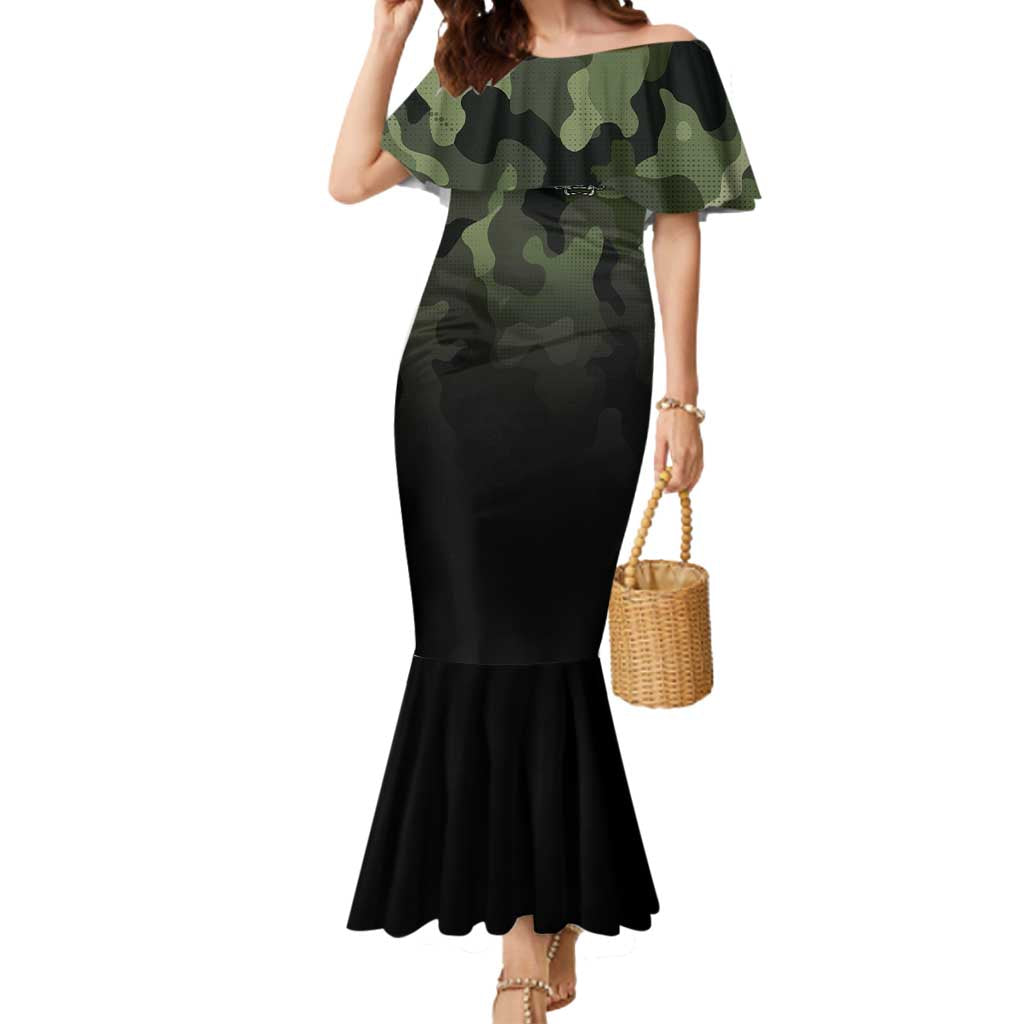 Camouflage Bowling Mermaid Dress with Grunge American Flag and Pin Emblem in Military Green - Wonder Print Shop
