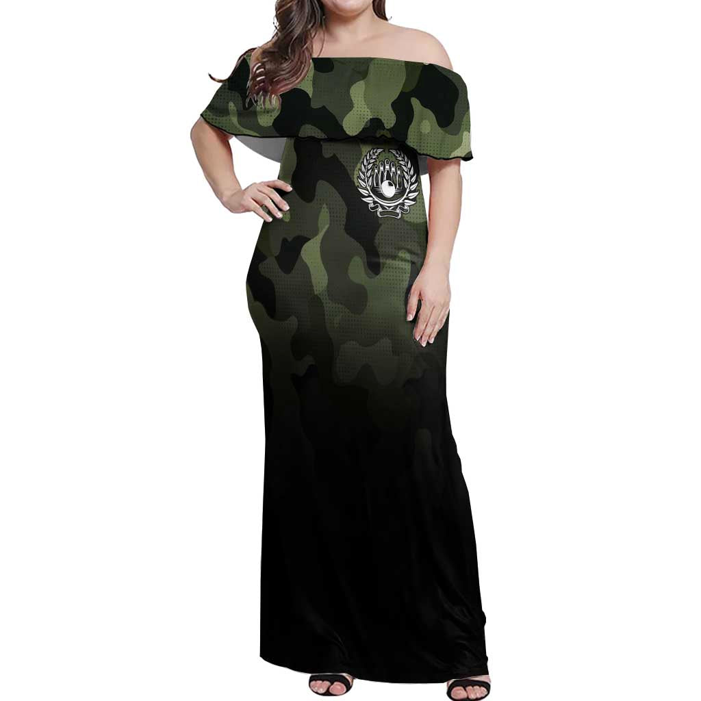Camouflage Bowling Off Shoulder Maxi Dress with Grunge American Flag and Pin Emblem in Military Green - Wonder Print Shop