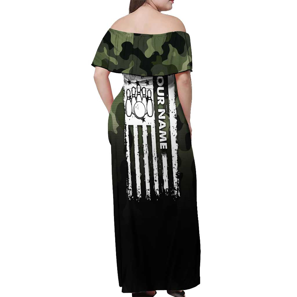 Camouflage Bowling Off Shoulder Maxi Dress with Grunge American Flag and Pin Emblem in Military Green - Wonder Print Shop