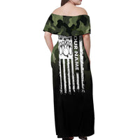 Camouflage Bowling Off Shoulder Maxi Dress with Grunge American Flag and Pin Emblem in Military Green - Wonder Print Shop